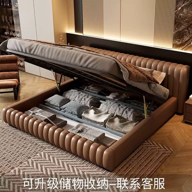 Italian minimalist light luxury leather bed high-end atmosphere brand flagship 2024 master bedroom luxury wedding bed double new