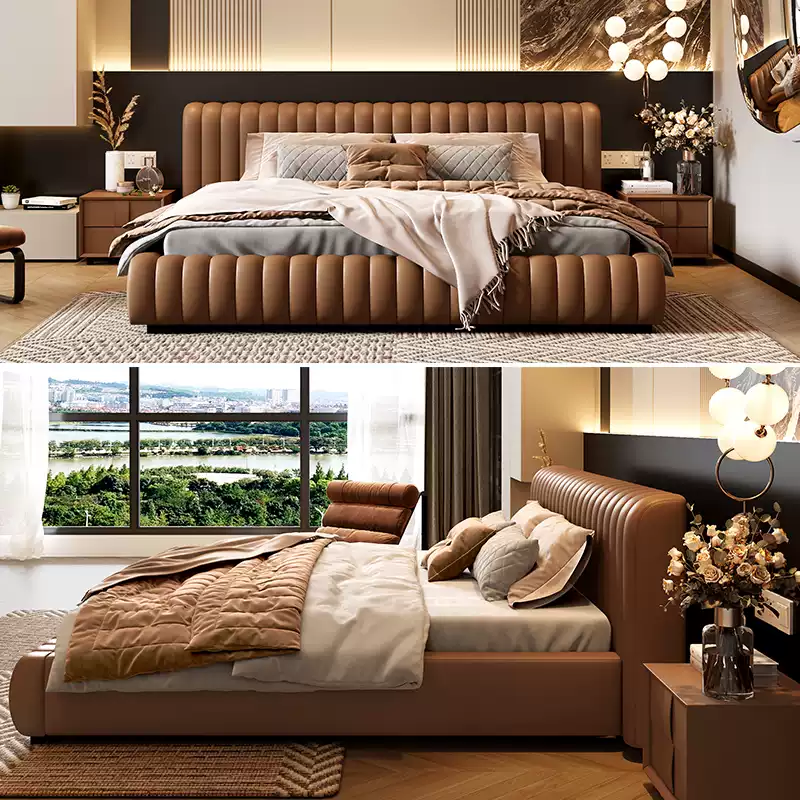 Italian minimalist light luxury leather bed high-end atmosphere brand flagship 2024 master bedroom luxury wedding bed double new