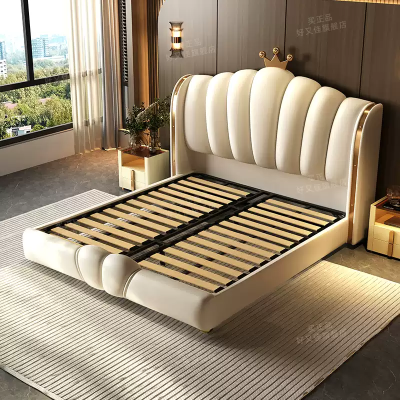  Good and good 2024 new leather bed light luxury master bedroom high-end atmosphere modern villa double bed crown bed