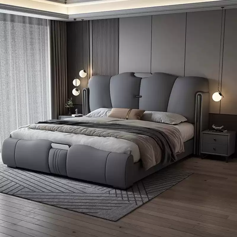 2024 new high-end atmospheric leather bed modern simple master bedroom double bed home Italian light luxury soft wedding bed