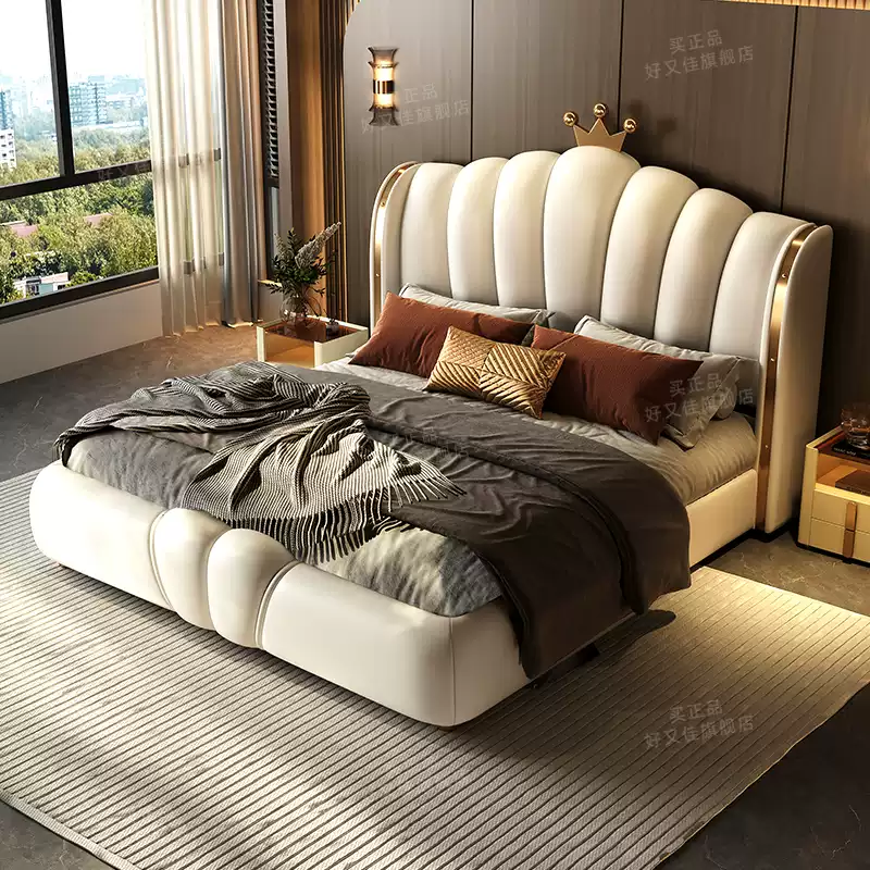  Good and good 2024 new leather bed light luxury master bedroom high-end atmosphere modern villa double bed crown bed