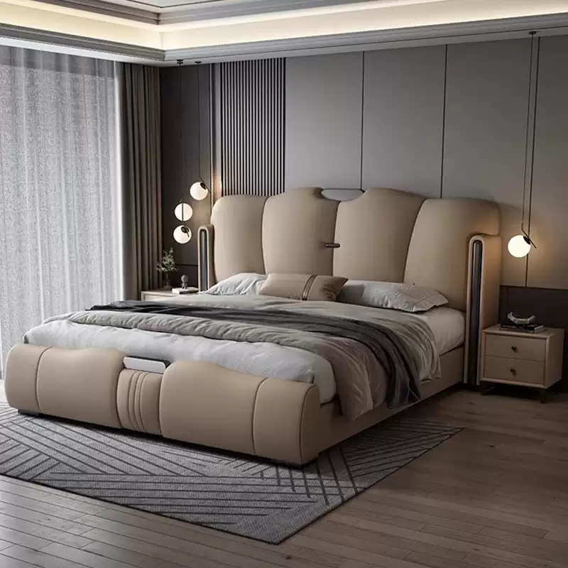 2024 new high-end atmospheric leather bed modern simple master bedroom double bed home Italian light luxury soft wedding bed