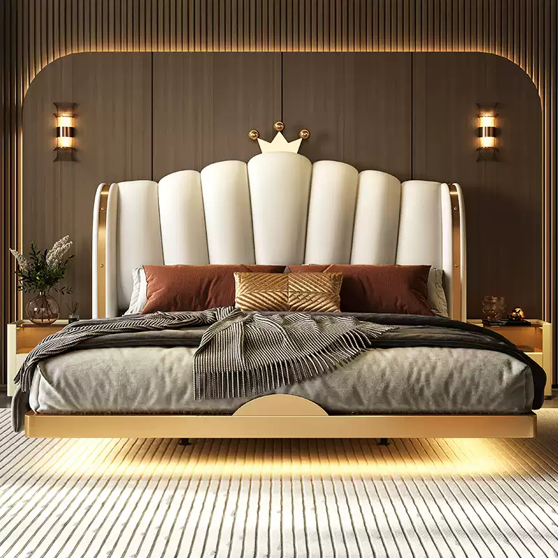 New suspended bed high-end light luxury leather bed modern simple 2024 new suspended bed master bedroom leather bed high-end