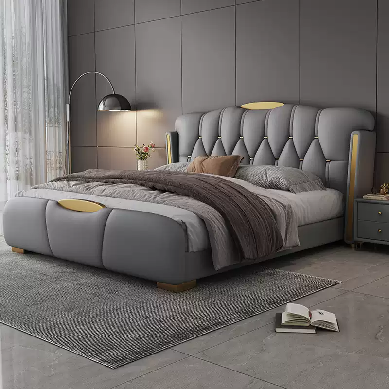  Leather bed modern simple light luxury master bedroom double bed 2 meters leather art bed 1.8m high-end atmosphere soft package weddi
