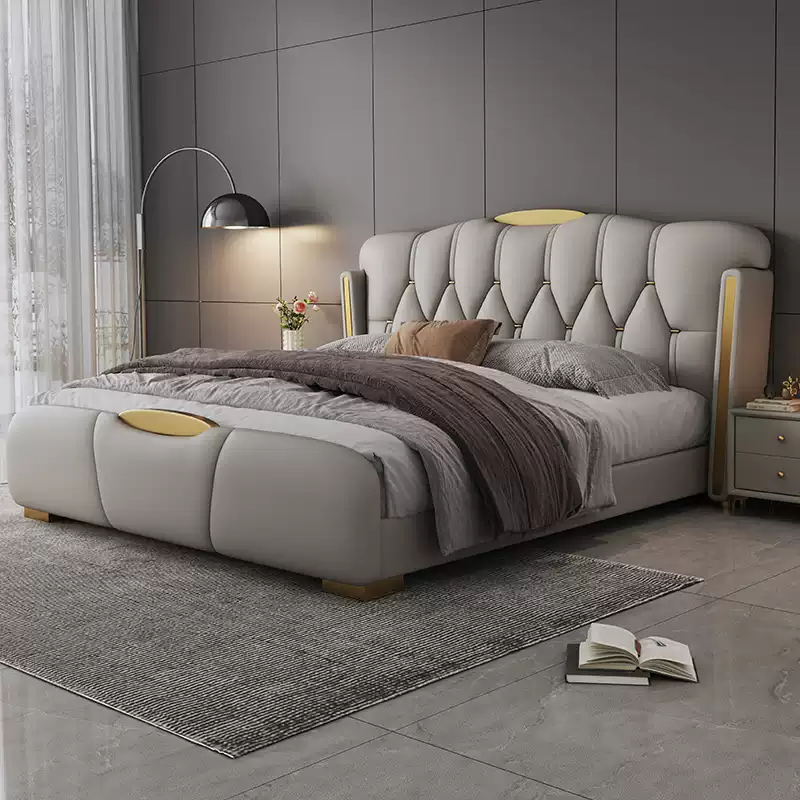  Leather bed modern simple light luxury master bedroom double bed 2 meters leather art bed 1.8m high-end atmosphere soft package weddi