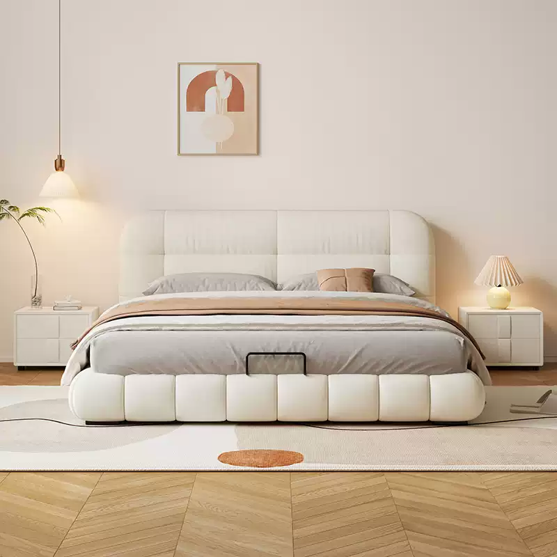  Oulang master bedroom cream style fabric bed double bed modern simple suede bed technology velvet 1.8m wedding bed