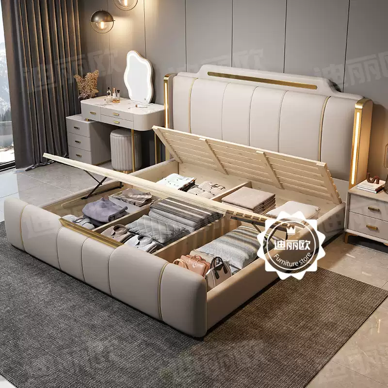 2024 new Italian light luxury leather bed 1.8m simple modern master bedroom high-end atmosphere double bed soft package wedding bed