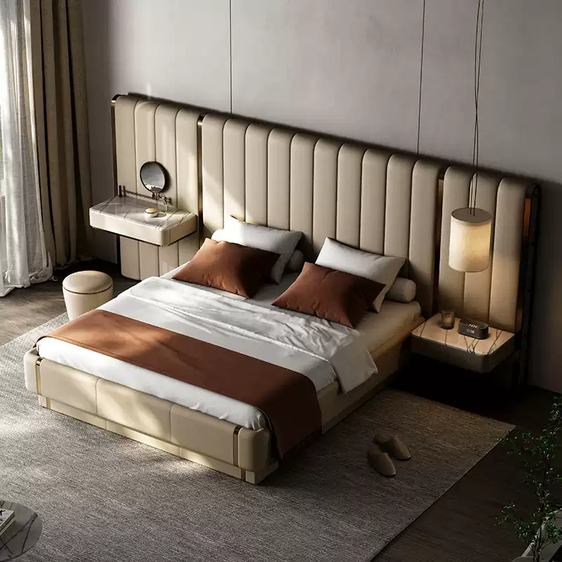 TAZA Italian leather bed master bedroom light luxury dressing table bedside table integrated bed modern villa high-end authentic furniture