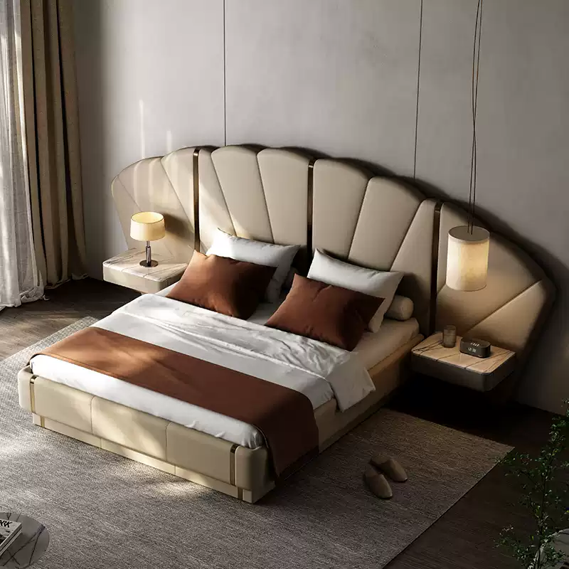 TAZA Italian light luxury leather bed designer high-end bedside cabinet integrated large flat master bedroom minimalist bed authentic