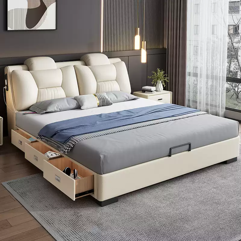 Leather bed light luxury modern simple small apartment double bed master bedroom big bed solid wood bed leather art soft bed wedding bed