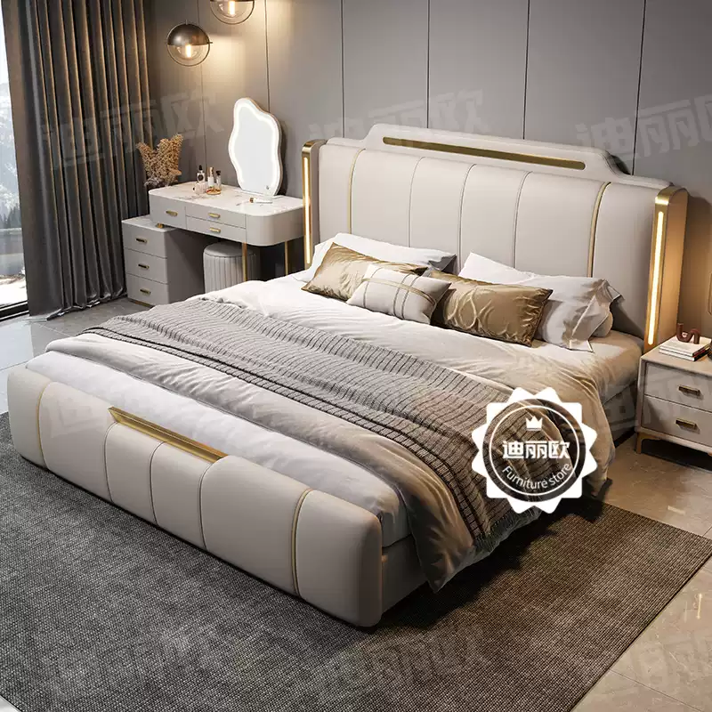 2024 new Italian light luxury leather bed 1.8m simple modern master bedroom high-end atmosphere double bed soft package wedding bed