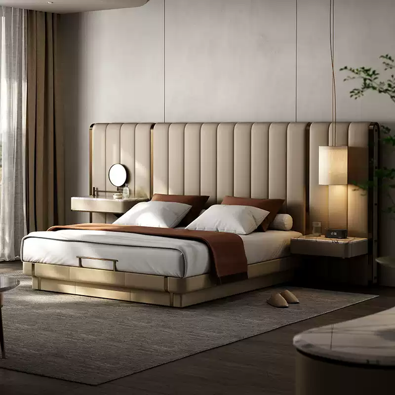 TAZA Italian leather bed master bedroom light luxury dressing table bedside table integrated bed modern villa high-end authentic furniture