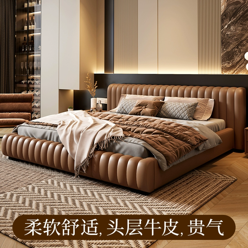 Italian minimalist light luxury leather bed high-end atmosphere brand flagship 2024 master bedroom luxury wedding bed double new