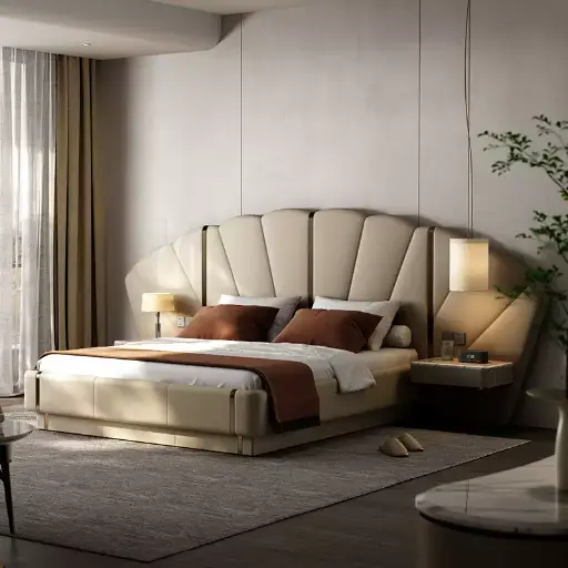 TAZA Italian light luxury leather bed designer high-end bedside cabinet integrated large flat master bedroom minimalist bed authentic